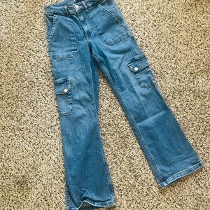 Zara Girls Blue Denim Cargo Flare Jeans Size Large 10/12